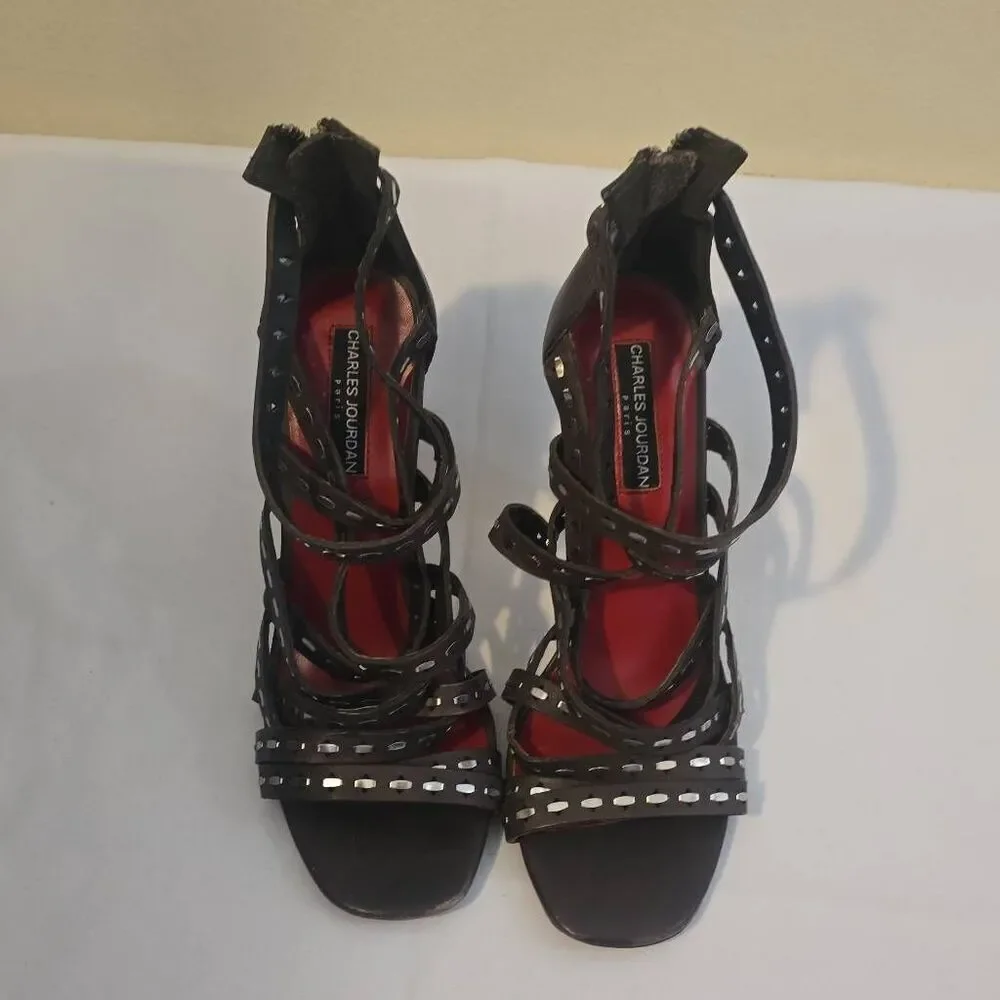 Charles Jourdan Brownish Gray Leather Sandals w/Heels, Flat Studs, Size 9, NEW